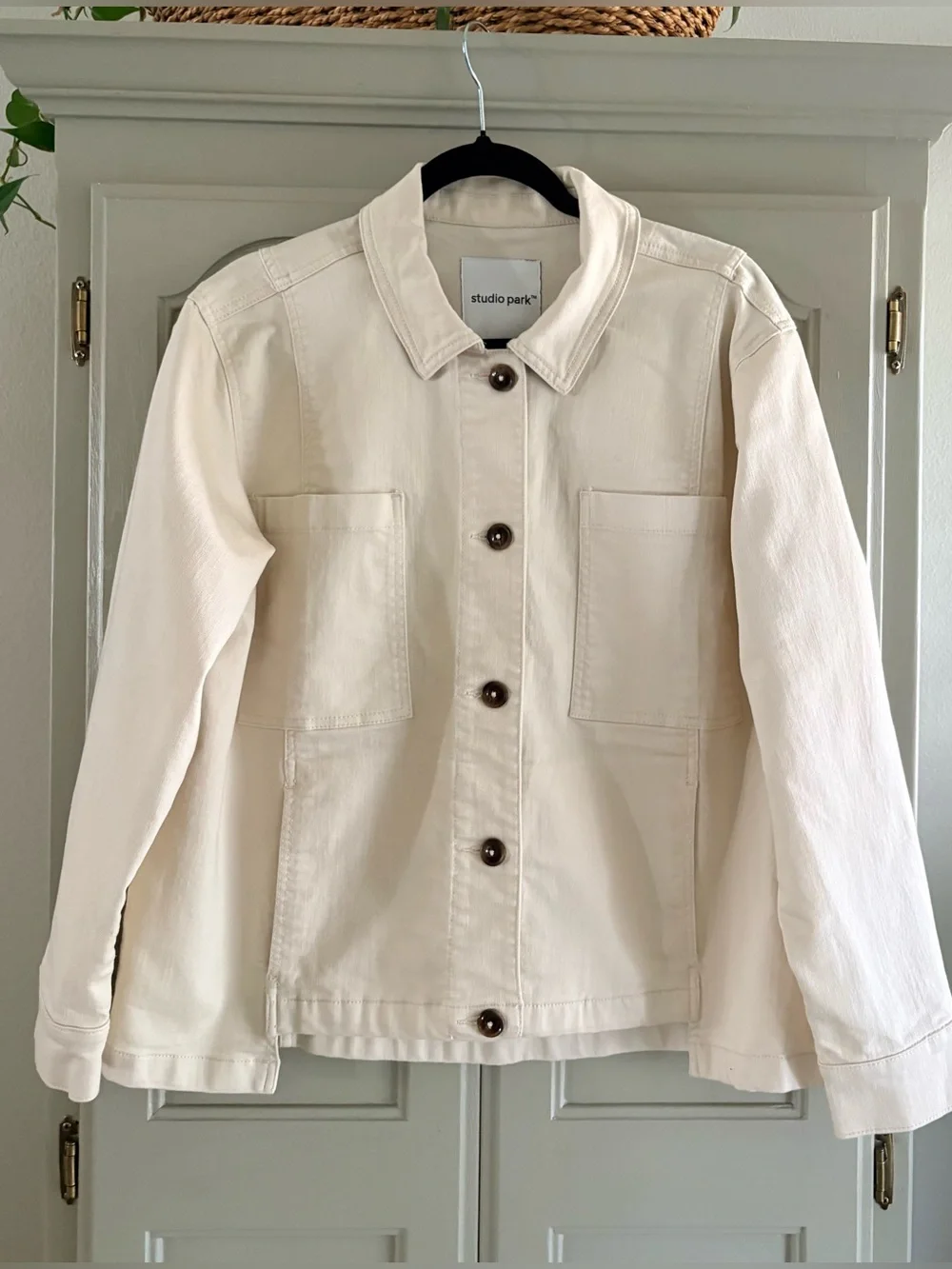 Studio Park x Amy Stran Cotton Blend Denim Utility Chore Jacket | Ecru| Size L